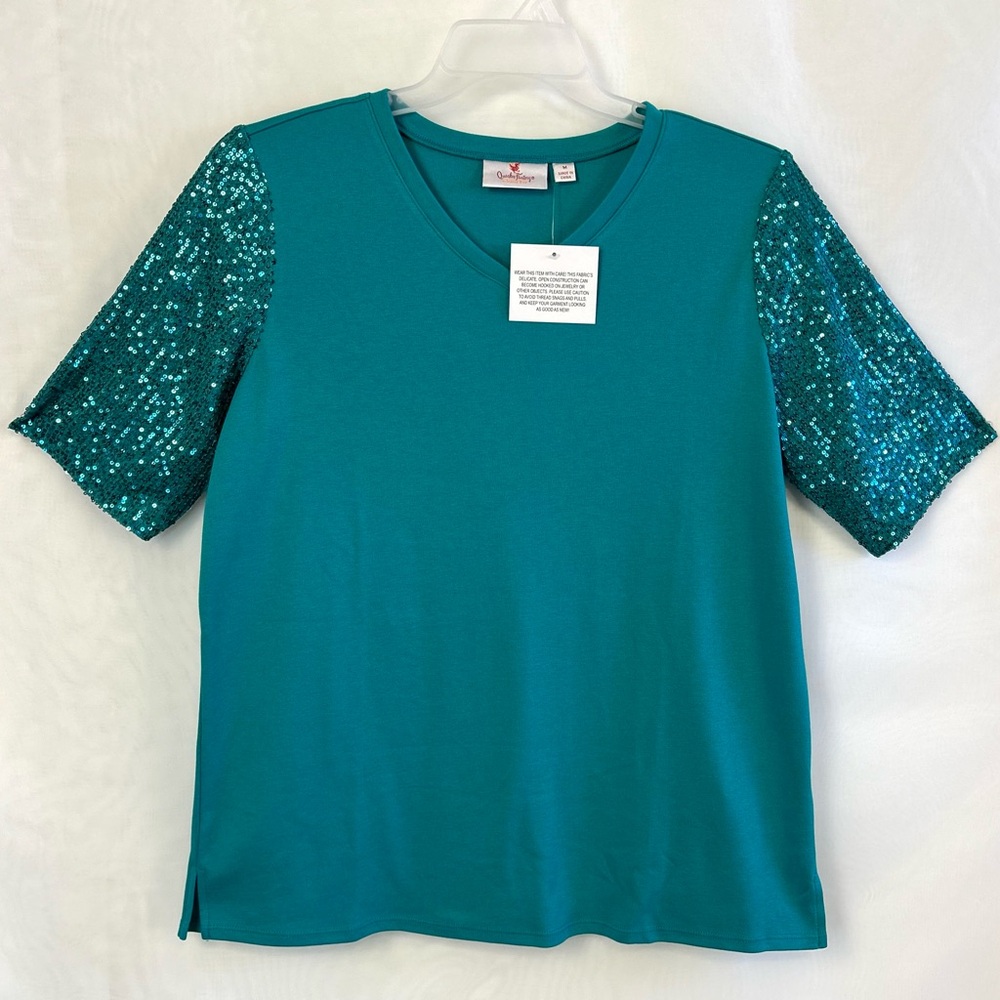 New Quacker Factory Glamour Sequin Elbow Sleeve Top / Medium / Peacock Green